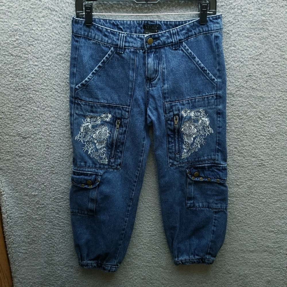 Venus Women's 2 Floral Blue Cropped Jeans Pockets 100% Cotton 30" 23" 8.5"